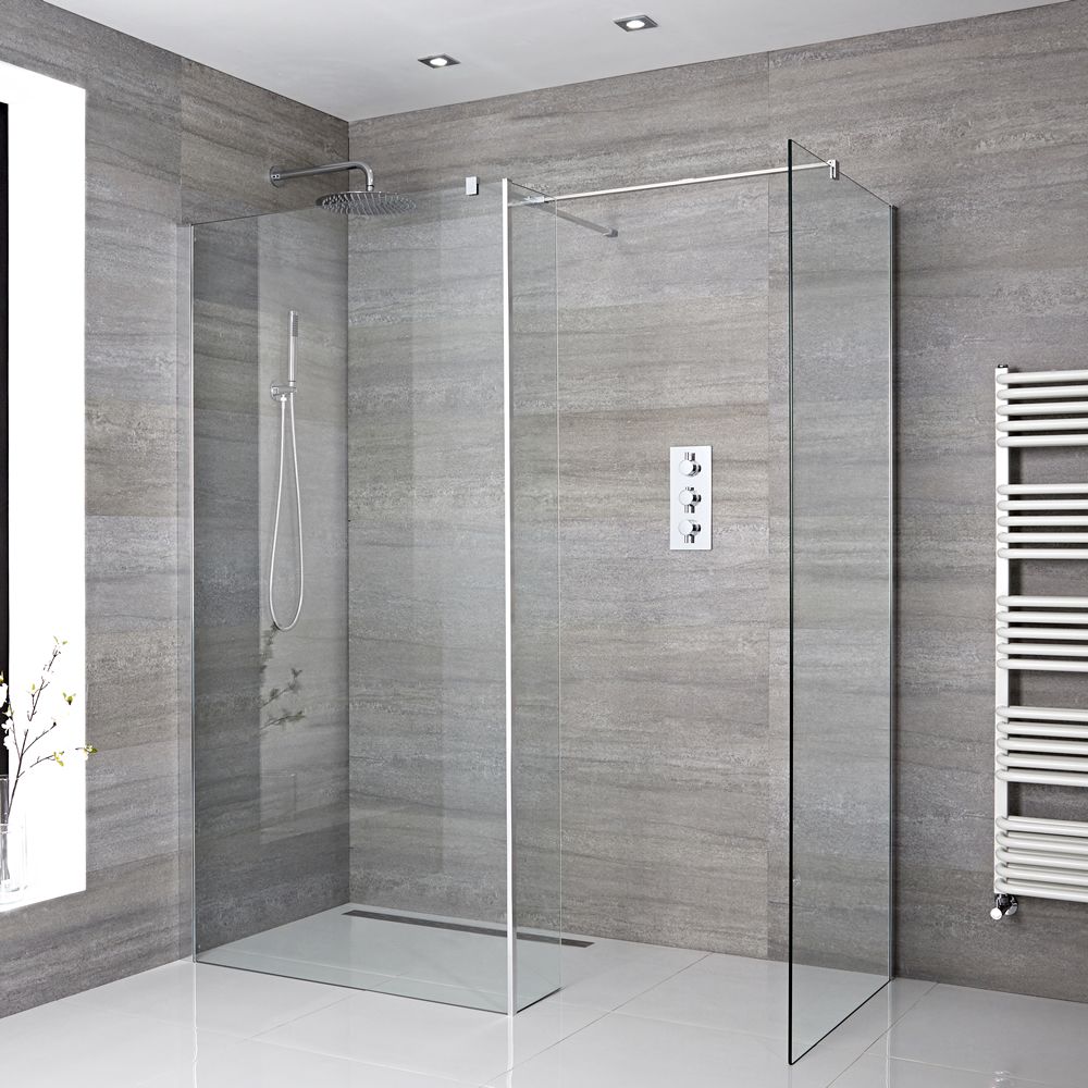 Conjunto de Ducha Walk-in Angular con Mampara de Obra de Esquina con Panel Antisalpicaduras y Selección de Hojas de Vidrio y Sumideros - Portland