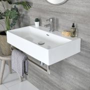 Lavabo Suspendido Moderno Rectangular Blanco 750mm x 420mm con Barra Porta Toallas Cromada- Sandford