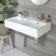 Lavabo Doble Suspendido Moderno Rectangular Blanco 820mm x 420mm con Barras Porta Toallas Cromadas- Sandford