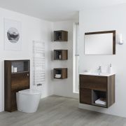Conjunto de Baño con Diseño Abierto de Color Roble Oscuro Completo con Mueble Para Lavabo de 600mm, Mueble de Pared, Espejo, Lavabo, WC y Cisterna - Hoxton