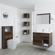 Conjunto de Baño con Diseño Abierto de Color Roble Oscuro Completo con Mueble Para Lavabo de 800mm, Mueble de Pared, Espejo, Lavabo, WC y Cisterna - Hoxton