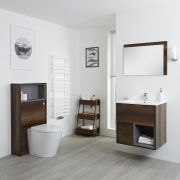 Conjunto de Baño con Diseño Abierto de Color Roble Oscuro Completo con Mueble Para Lavabo de 600mm, Lavabo, WC y Cisterna - Hoxton