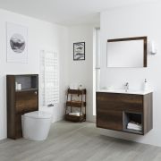 Conjunto de Baño con Diseño Abierto de Color Roble Oscuro Completo con Mueble Para Lavabo de 800mm, Lavabo, WC y Cisterna - Hoxton