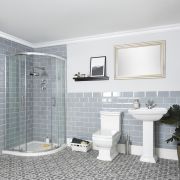 Conjunto de Baño Tradicional Completo con Mampara de Ducha Angular, Inodoro con Cisterna y Lavabo con Pedestal - Chester