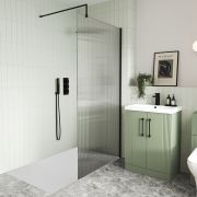 Mampara de Ducha de Obra de Negra con Vidrio Acanalado con Plato de Ducha Disponible en Distintas Medidas y con Opción de Panel Antisalpicaduras