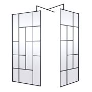 Mampara de Ducha Walk In con Pared a Cuadrícula Negra Abstracta Completa con Plato de Ducha -  Disponible en Distintas Medidas y con Opción de Panel Antisalpicaduras