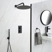 Llave de Ducha Termostática Empotrable de 2 Función con Desviador Negra con Alcachofa de Ducha Redonda de 300mm y Telefonillo - Nox