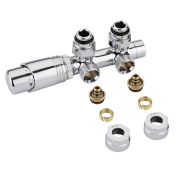 Llaves Angulares Cromadas para Radiador y Radiador Toallero con Conexión Central Completas con Cabezal Termostático Cromado y Adaptadores para Tubos Pex o Multicapa de 14mm - Multiblock H