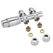 Llaves Rectas Cromadas para Radiador y Toallero con  Cabezal Termostático Cromado y Multi Adaptador para Tubos Pex o Multicapa de 14mm - Multiblock H