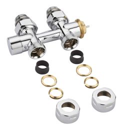 Par de Llaves Rectas Termostáticas Cromadas para Radiador o Toallero con Conexión Central con Adaptador para Tubos de Cobre de 16mm - Multiblock H
