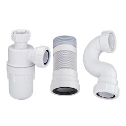 Conjunto con Sifón de Botella para Lavabo con Pedestal, Sifón para Bañera Estándar y Manguito Conector para WC Adosado  - Cranplas