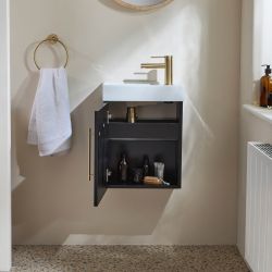 Mueble de Lavabo Suspendido Compacto de 400mm Completo con Lavabo Disponible con Mueble y Lavabo en Distintos Acabados y Selección de Manijas - Cluo