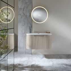 Mueble de Lavabo Suspendido Curvo - Acanalado - Disponible en Mueble de Lavabo Suspendido Curvo Acanalado - Efecto Madera Roble  - Disponible en Distintas Medidas y Selección de Lavabos - Chalton