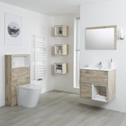 Conjunto de Baño con Diseño Abierto de Color Roble Claro Completo con Mueble Para Lavabo de 600mm, Mueble de Pared, Espejo, Lavabo, WC y Cisterna - Hoxton