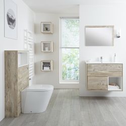 Conjunto de Baño con Diseño Abierto de Color Roble Claro Completo con Mueble Para Lavabo de 800mm, Lavabo, WC y Cisterna - Hoxton
