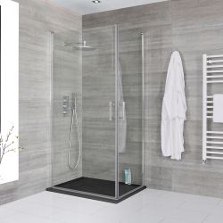 Mampara de Ducha Angular con Panel Doble, Bisagras y Plato de Ducha Efecto Pizarra - Elección de Medidas - Portland