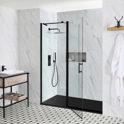 Puerta de Ducha con Bisagras con Plato de Ducha Efecto Pizarra - Acabado Negro - Nox - Disponible en Distintas Medidas