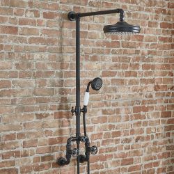 Conjunto de Ducha Completo con Mezclador de Ducha Manual Expuesto en Estilo Industrial con Alcachofa de Ducha Redonda y Telefonillo - Disponible en Distintos Acabados - Zandra