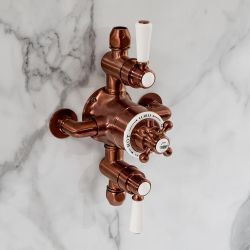 Hudson Reed Elizabeth - Mezclador de Ducha Tradicional Termostático Expuesto de 2 Salidas con Diseño Triple - Cobre Satinado