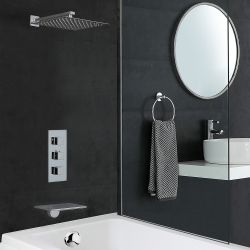 Conjunto de Ducha con Mezclador de Ducha Termostático Cuadrado de 2 Salidas con Desviador Cromado con Alcachofa de Ducha Cuadrada de 300mm y Llenador de Bañera- Kubix