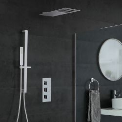 Conjunto de Ducha con Mezclador de Ducha Termostático Cuadrado Triple de 2 Salidas Cromado con Alcachofa de Ducha Fija y Barra de Ducha Deslizante - Kubix