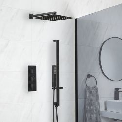 Conjunto de Ducha Termostático Negro con Alcachofa y Barra de Ducha Deslizante con Telefonillo de Ducha (2 Salidas) - Preto