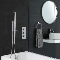 Conjunto de Ducha con Mezclador de Ducha Termostático Cuadrado Triple Cromado de 2 Salidas con Barra de Ducha Deslizante y Llenador de Bañera - Kubix