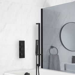 Conjunto de Ducha Termostático Negro con Llenador de Bañera para Rebosadero y Barra de Ducha Deslizante con Telefonillo de Ducha (2 Salidas) - Preto
