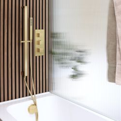 Ducha Termostática con Llenador de Bañera para Rebosadero y Kit con Barra Deslizante para Telefonillo de Ducha (2 Salidas) - Oro Satinado - Lyra