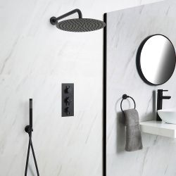 Llave de Ducha Termostática Empotrable Triple de 2 Funciones Negra con Alcachofa Redonda de 300mm y Telefonillo – Nox