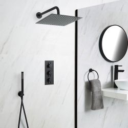 Llave de Ducha Termostática Empotrable Triple de 2 Funciones Negra con Alcachofa Cuadrada de 300x300mm y Telefonillo – Nox