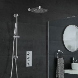 Conjunto de Ducha Cromado Moderno con Mezclador de Ducha Termostático Redondo Triple de 2 Funciones con Alcachofa de Ducha Redonda de 300mm y Barra de Ducha Deslizante - Como