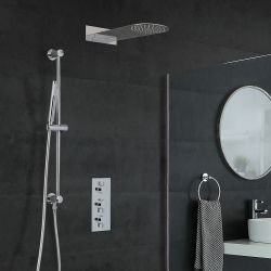 Conjunto de Ducha Cromado Moderno con Mezclador de Ducha Termostático Redondo Triple de 2 Funciones con Alcachofa de Ducha Fija y Barra de Ducha Deslizante con Telefonillo - Como