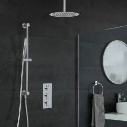 Conjunto de Ducha Cromado Moderno con Mezclador de Ducha Termostático Redondo Triple de 2 Funciones con Alcachofa de Ducha Redonda de 300mm y Barra de Ducha Deslizante - Como