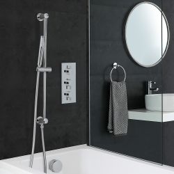 Conjunto de Ducha Cromado Moderno con Mezclador de Ducha Termostático Redondo Triple de 2 Funciones con Barra de Ducha Deslizante y Llenador de Bañera - Como