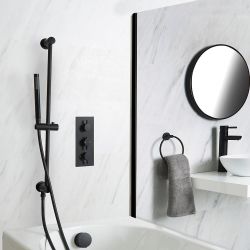 Ducha Termostática Negra de 2 Salidas Completa con Llenador de Bañera de Rebosadero y Barra de Ducha Deslizante con Telefonillo - Nox