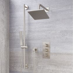 Conjunto de Ducha con Mezclador de Ducha Termostático Triple de 2 Funciones con Desviador, Alcachofa  Cuadrada de 200mm y Barra de Ducha Deslizante con Telefonillo de Color Níquel Cepillado - Harting