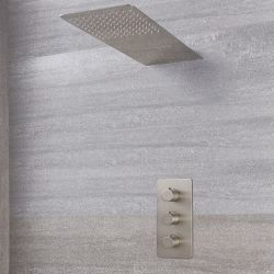 Conjunto de Ducha con Mezclador de Ducha Termostático Triple de 2 Funciones con Alcachofa de 2 Funciones con Efecto Lluvia y Cascada de Color Níquel Cepillado - Harting