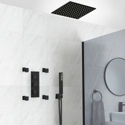Conjunto de Ducha Termostático Negro con Desviador, Alcachofa de Ducha Empotrable, Telefonillo de Ducha y Jets Hidromasaje (3 Salidas) - Preto