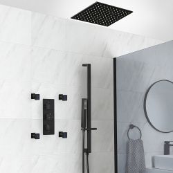 Conjunto de Ducha Termostático Negro con Desviador, Alcachofa de Ducha Empotrable, Barra de Ducha Deslizante con Telefonillo de Ducha y Jets Hidromasaje (3 Salidas) - Preto