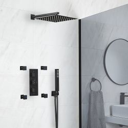Conjunto de Ducha Termostático Negro con Desviador, Alcachofa, Telefonillo de Ducha y Jets Hidromasaje (3 Salidas) - Preto