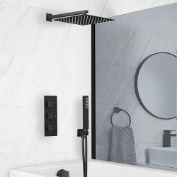 Conjunto de Ducha Termostático Negro con Desviador, Alcachofa, Telefonillo de Ducha y Llenador de Bañera para Rebosadero (3 Salidas) - Preto