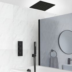 Conjunto de Ducha Termostático Negro con Desviador, Alcachofa de Ducha Empotrable, Telefonillo de Ducha y Llenador de Bañera para Rebosadero (3 Salidas) - Preto