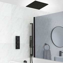 Conjunto de Ducha Termostático Negro con Desviador, Alcachofa de Ducha Empotrable, Barra de Ducha Deslizante con Telefonillo de Ducha y Llenador de Bañera para Rebosadero (3 Salidas) - Preto