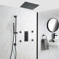 Ducha Termostática Negra de 3 Salidas con Alcachofa de Ducha Empotrable, Jets de Ducha y Barra de Ducha Deslizante con Telefonillo - Nox