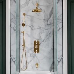 Conjunto de Ducha Tradicional Completo con Mezclador de Ducha Termostático con Desviador, Alcachofa de Ducha, Llenador de Bañera y Barra de Ducha Deslizante (3 Salidas) - Oro Satinado - Elizabeth
