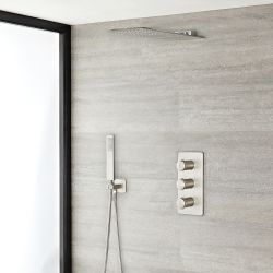 Conjunto de Ducha Color Níquel Cepillado con Mezclador de Ducha Termostático Triple de 3 Funciones con Alcachofa de Ducha de 2 Funciones Efecto Lluvia y Cascada de 500x200mmy Telefonillo - Harting