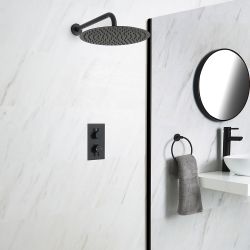 Llave de Ducha Termostática Empotrable de 1 Función Negra con Alcachofa de Ducha Redonda de 300mm y Brazo de Ducha  - Nox