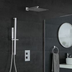 Conjunto de Ducha con Mezclador de Ducha Termostático Cuadrado de 2 Salidas con Desviador Cromado Completo con Alcachofa de Ducha Cuadrada de 300mm y Barra de Ducha Deslizante - Kubix