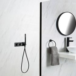 Llave de Ducha Termostática Redonda Negra Moderna Doble con Desviador y Telefonillo - Nox